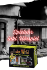 Abbildung der Spieluhr "Steigerlied" inkl. QR-Code zum Hörspiel "Das Geheimnis von Sorgemoos" - Im Hintergrund ist der Bahnhof von Sorgemoos zu sehen.